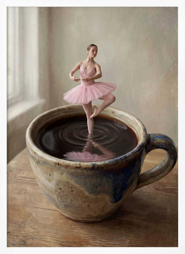 A small ballerina in a pink tutu dances gracefully in a large cup of black coffee.