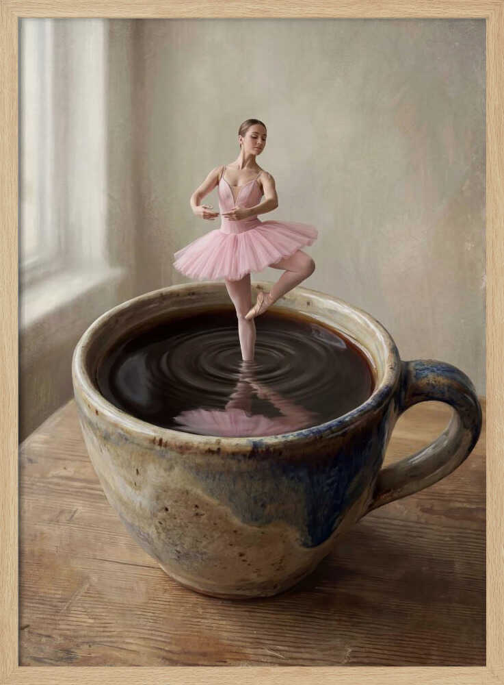 A small ballerina in a pink tutu dances gracefully in a large cup of black coffee.