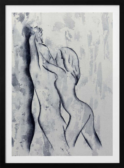 Black and white watercolor painting of an embracing nude couple in a passionate pose, romantic art.