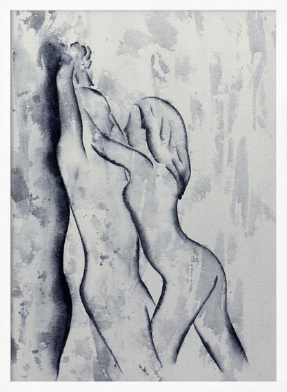 Black and white watercolor painting of an embracing nude couple in a passionate pose, romantic art.