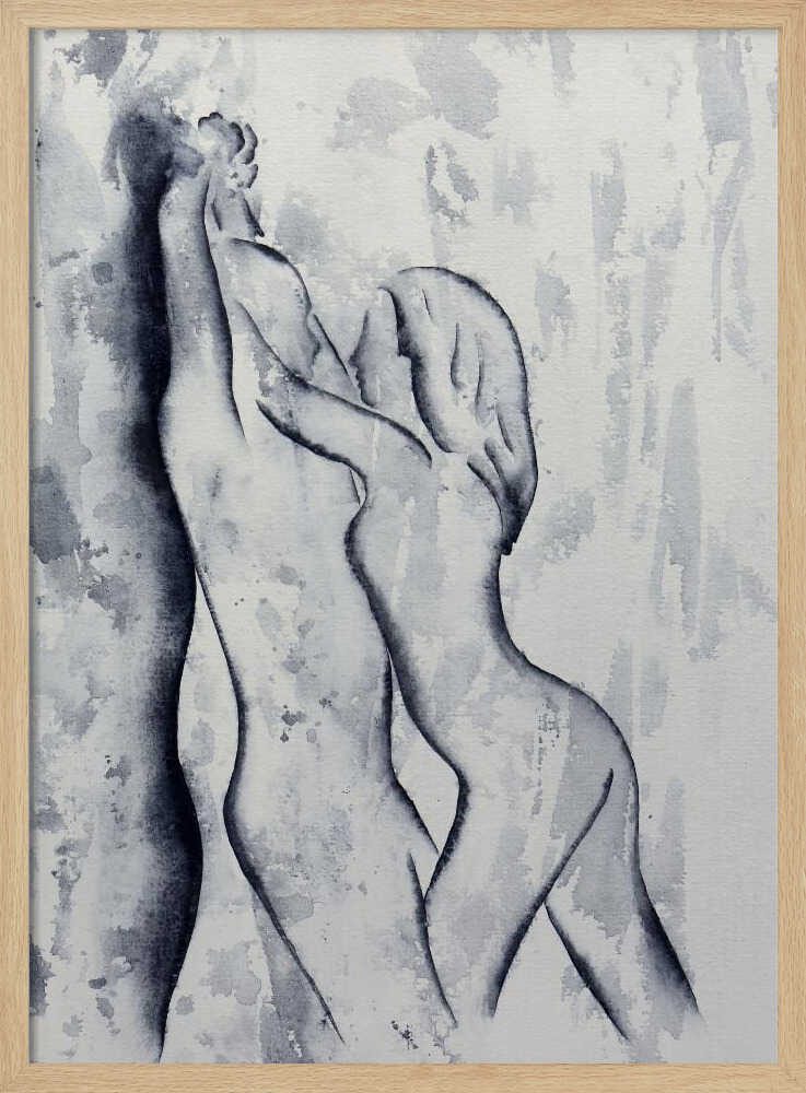 Black and white watercolor painting of an embracing nude couple in a passionate pose, romantic art.