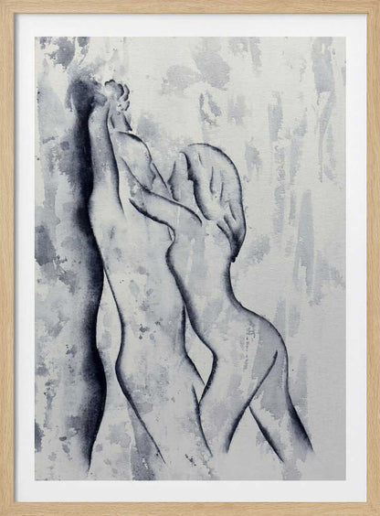 Black and white watercolor painting of an embracing nude couple in a passionate pose, romantic art.
