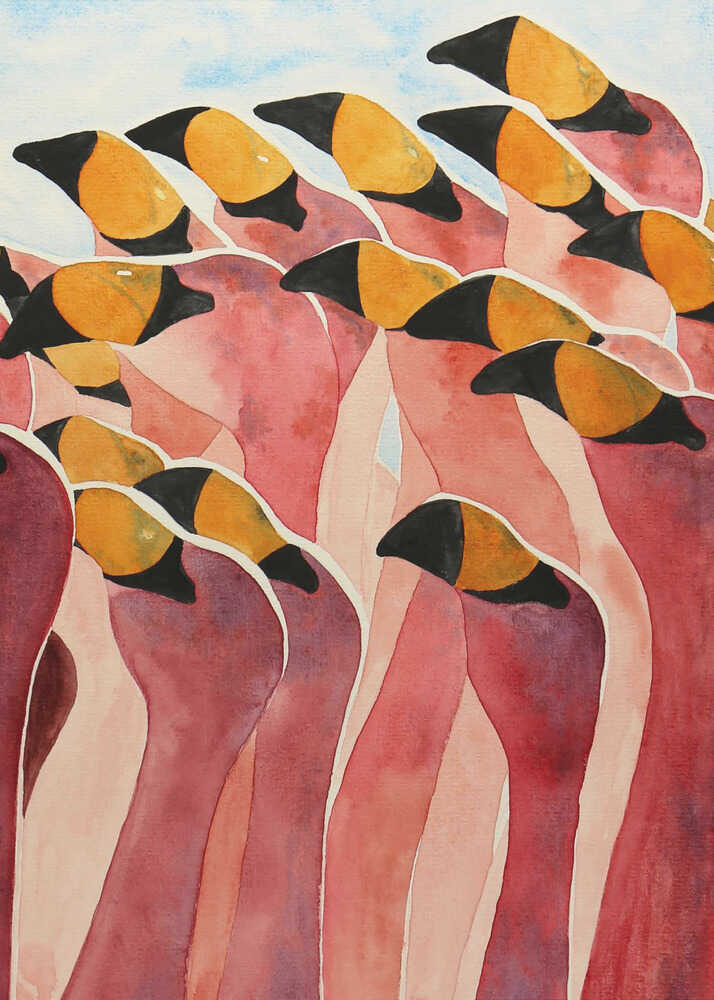 A stylized watercolor painting of a dense flock of pink flamingos huddled together.