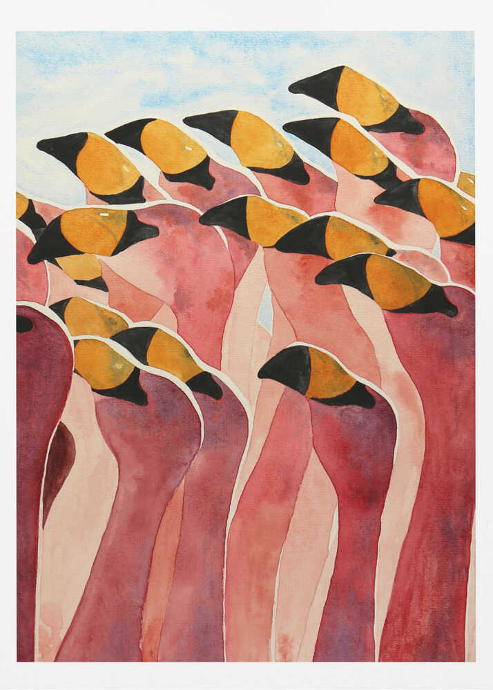A stylized watercolor painting of a dense flock of pink flamingos huddled together.