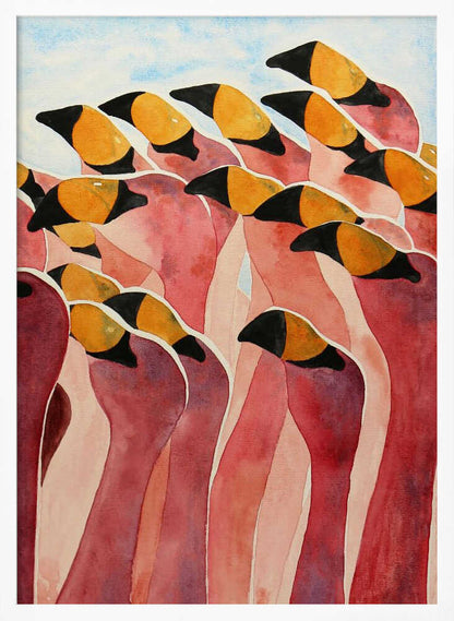 A stylized watercolor painting of a dense flock of pink flamingos huddled together.