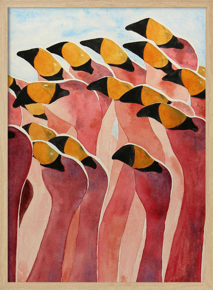 A stylized watercolor painting of a dense flock of pink flamingos huddled together.