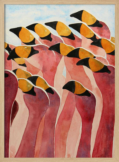 A stylized watercolor painting of a dense flock of pink flamingos huddled together.