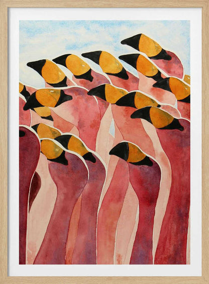 A stylized watercolor painting of a dense flock of pink flamingos huddled together.