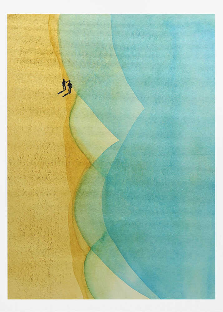 Abstract watercolor art of two figures on a golden beach with large, flowing blue ocean waves.