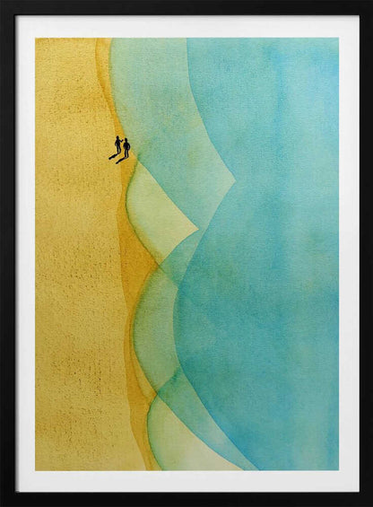Abstract watercolor art of two figures on a golden beach with large, flowing blue ocean waves.