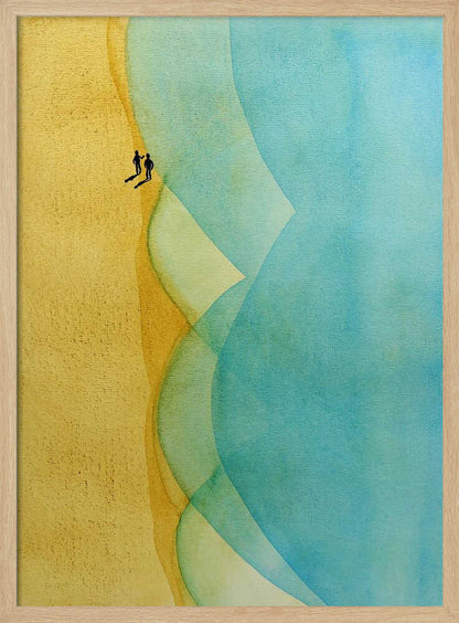 Abstract watercolor art of two figures on a golden beach with large, flowing blue ocean waves.