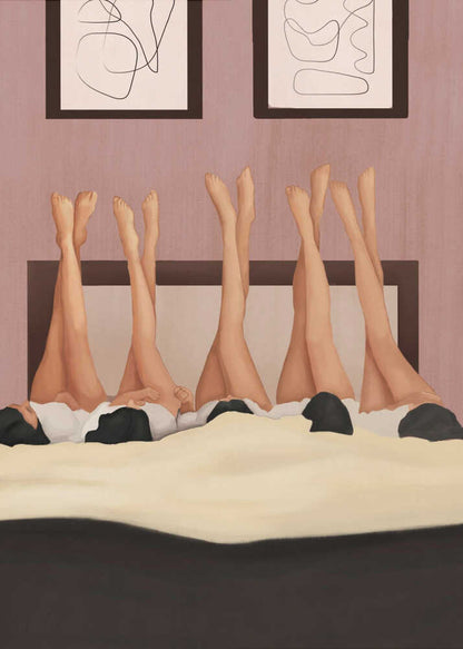 Illustration of several women's legs in the air, relaxing in bed under a duvet in a pink room.