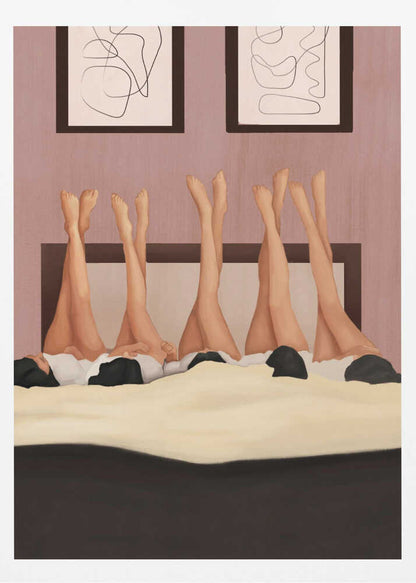 Illustration of several women's legs in the air, relaxing in bed under a duvet in a pink room.
