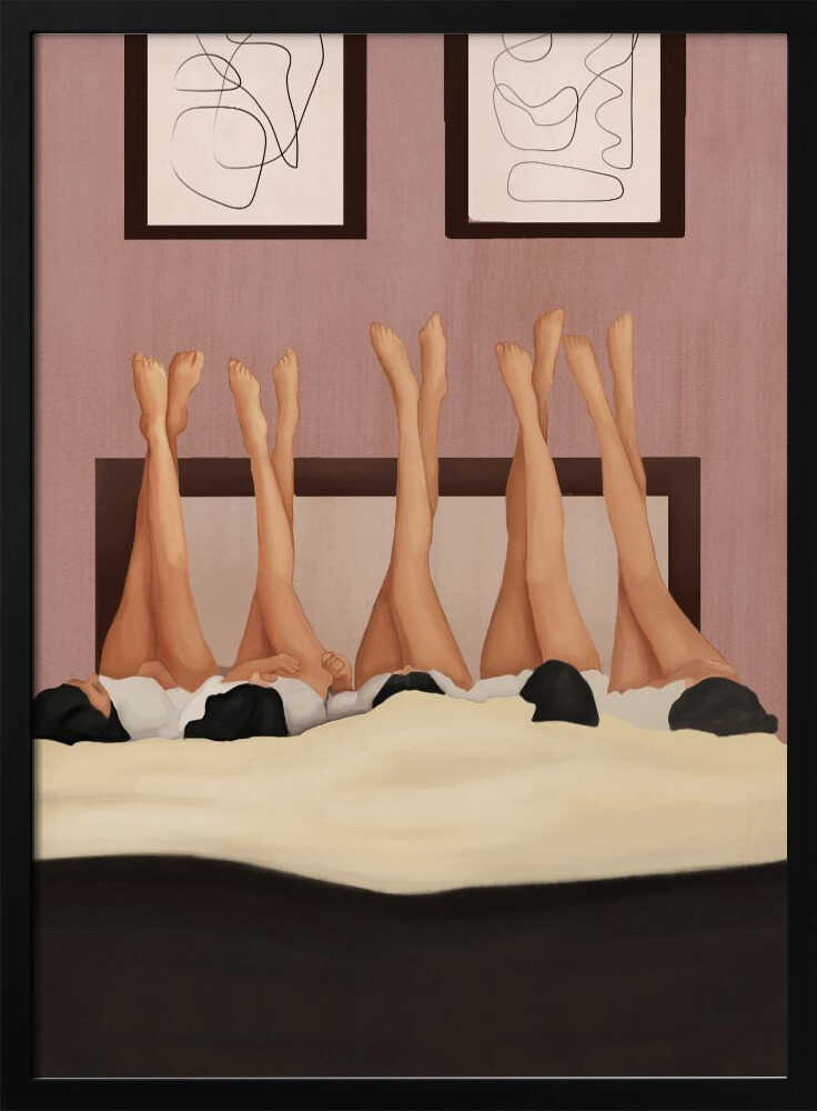 Illustration of several women's legs in the air, relaxing in bed under a duvet in a pink room.