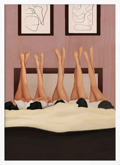 Illustration of several women's legs in the air, relaxing in bed under a duvet in a pink room.
