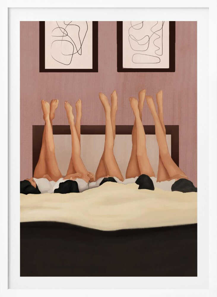 Illustration of several women's legs in the air, relaxing in bed under a duvet in a pink room.