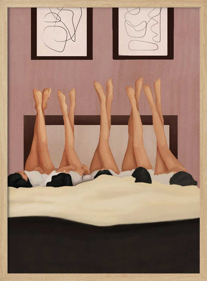 Illustration of several women's legs in the air, relaxing in bed under a duvet in a pink room.