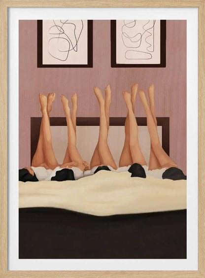 Illustration of several women's legs in the air, relaxing in bed under a duvet in a pink room.