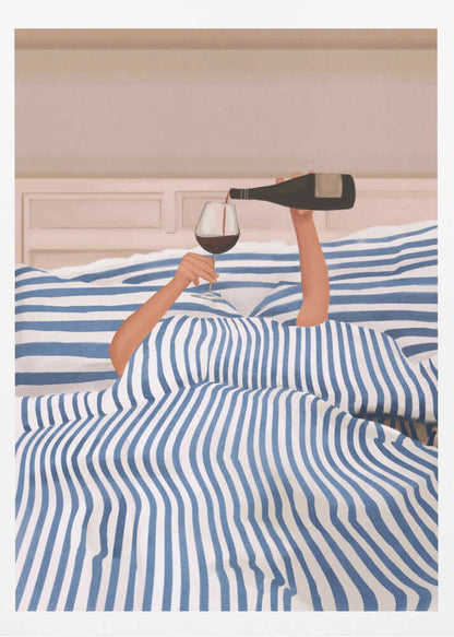 Arms emerging from a blue and white striped duvet to pour a glass of red wine in bed, an illustration.