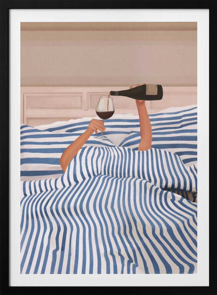 Arms emerging from a blue and white striped duvet to pour a glass of red wine in bed, an illustration.