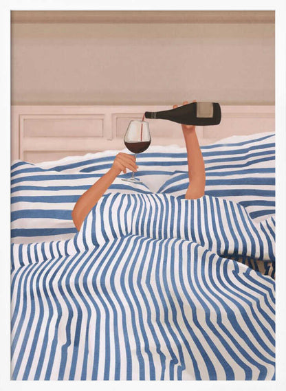 Arms emerging from a blue and white striped duvet to pour a glass of red wine in bed, an illustration.