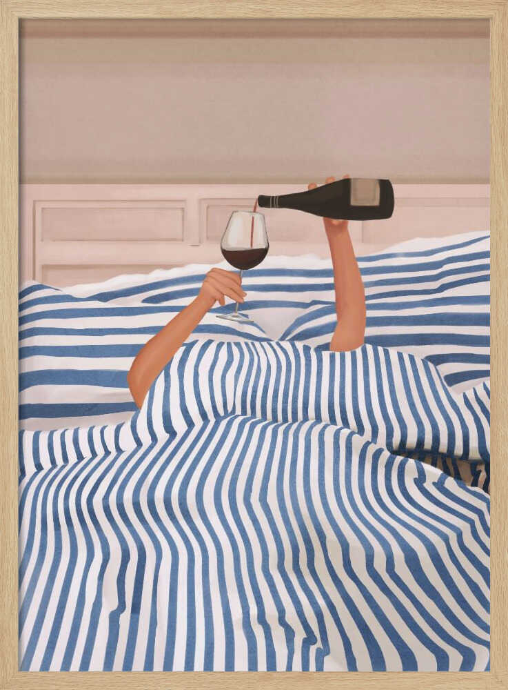 Arms emerging from a blue and white striped duvet to pour a glass of red wine in bed, an illustration.