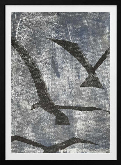 Abstract painting of black bird silhouettes flying against a textured silver background, framed wall art.