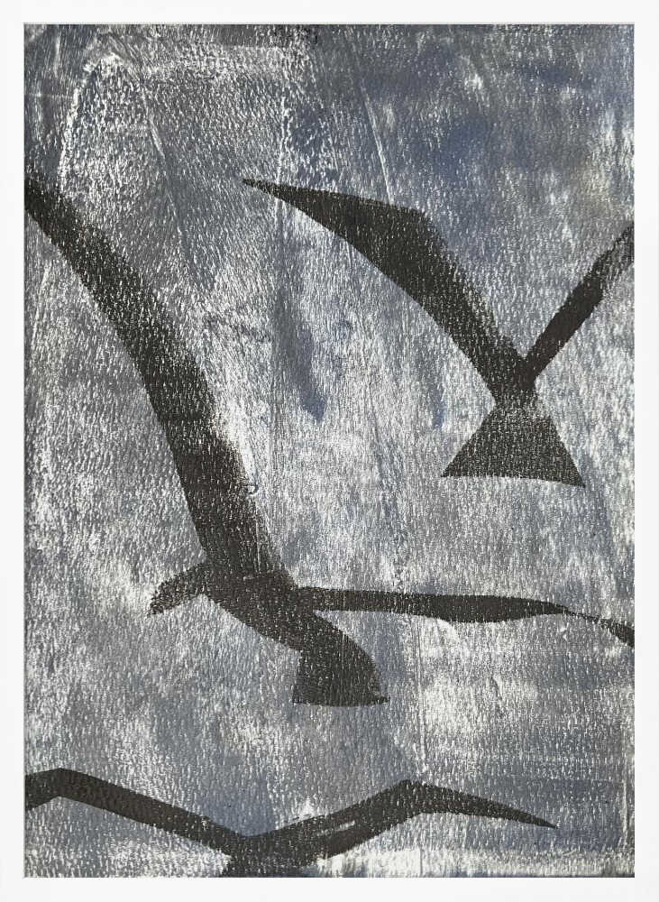 Abstract painting of black bird silhouettes flying against a textured silver background, framed wall art.