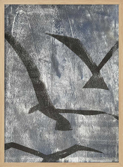 Abstract painting of black bird silhouettes flying against a textured silver background, framed wall art.