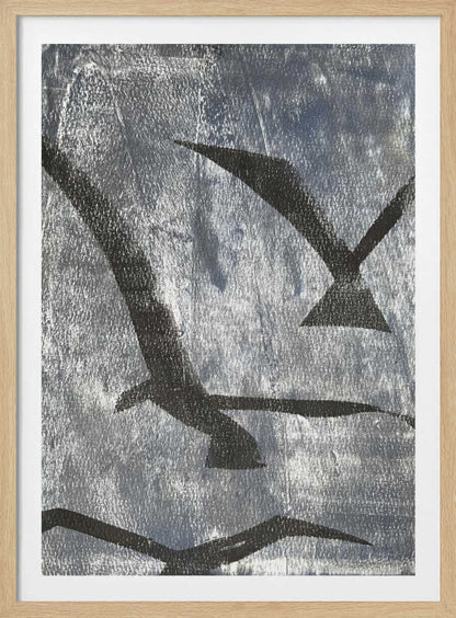 Abstract painting of black bird silhouettes flying against a textured silver background, framed wall art.