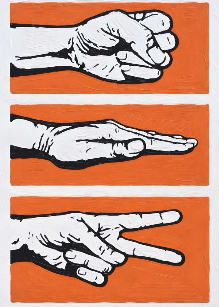 Stylized Rock Paper Scissors game art print, perfect for a game room or office wall.