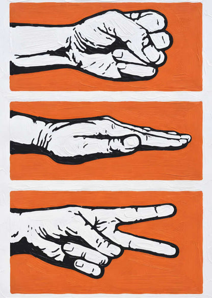 Stylized Rock Paper Scissors game art print, perfect for a game room or office wall.