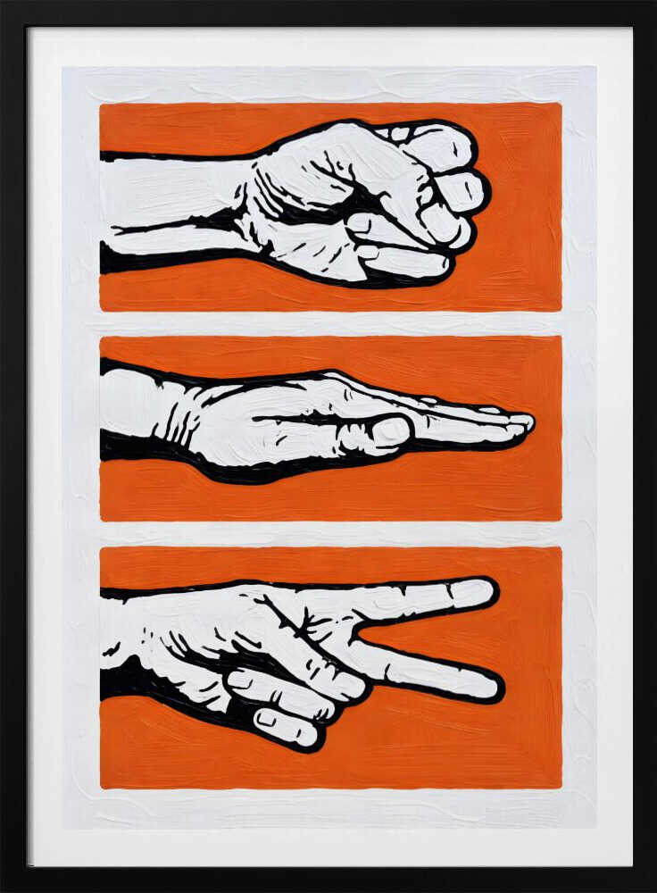 Stylized Rock Paper Scissors game art print, perfect for a game room or office wall.