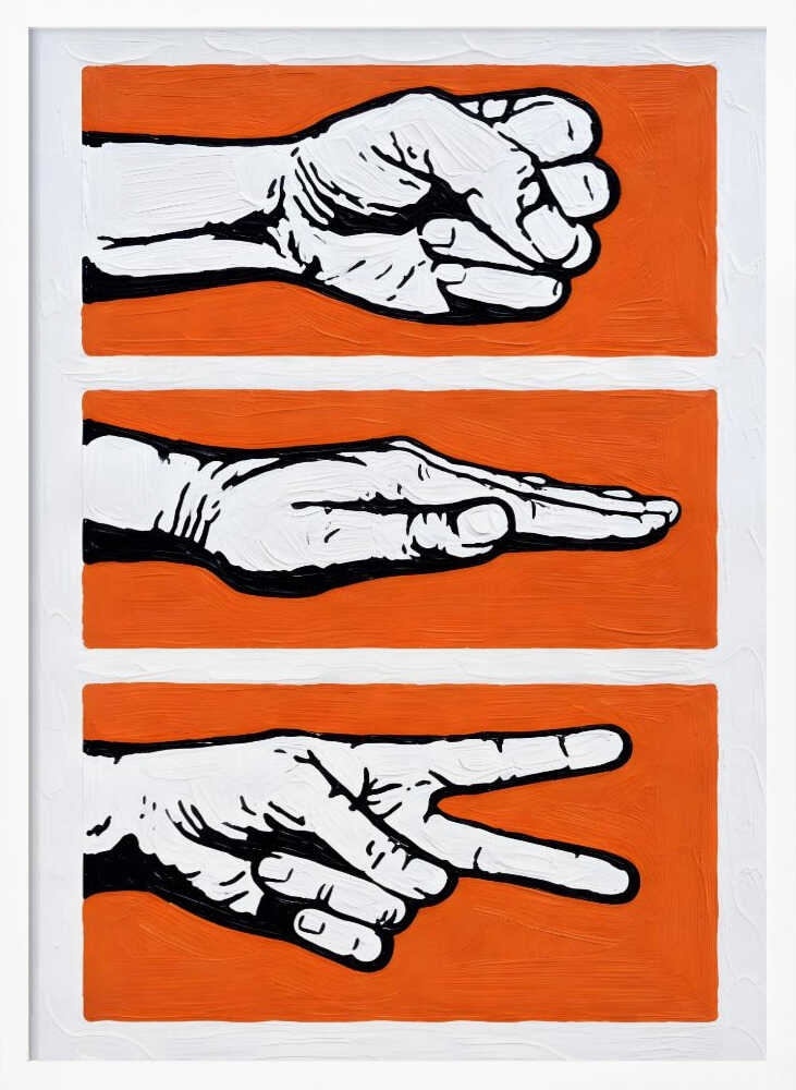 Stylized Rock Paper Scissors game art print, perfect for a game room or office wall.