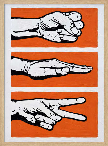 Stylized Rock Paper Scissors game art print, perfect for a game room or office wall.