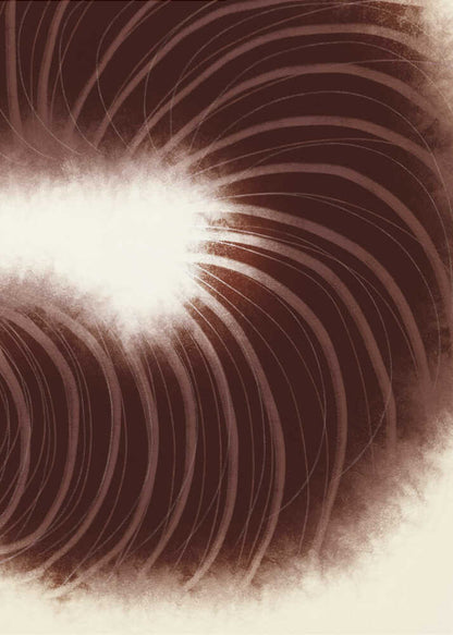 Abstract art with swirling dark brown lines radiating from a soft, bright white center.