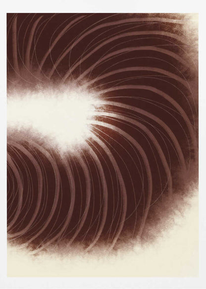 Abstract art with swirling dark brown lines radiating from a soft, bright white center.