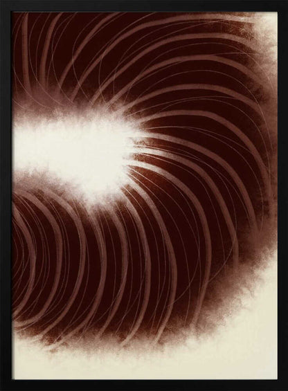 Abstract art with swirling dark brown lines radiating from a soft, bright white center.