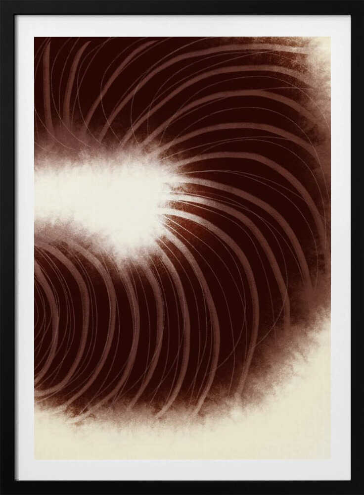 Abstract art with swirling dark brown lines radiating from a soft, bright white center.