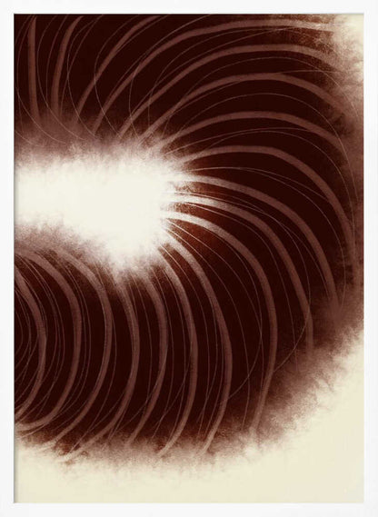 Abstract art with swirling dark brown lines radiating from a soft, bright white center.