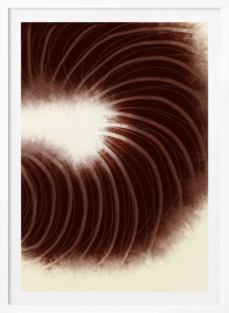 Abstract art with swirling dark brown lines radiating from a soft, bright white center.