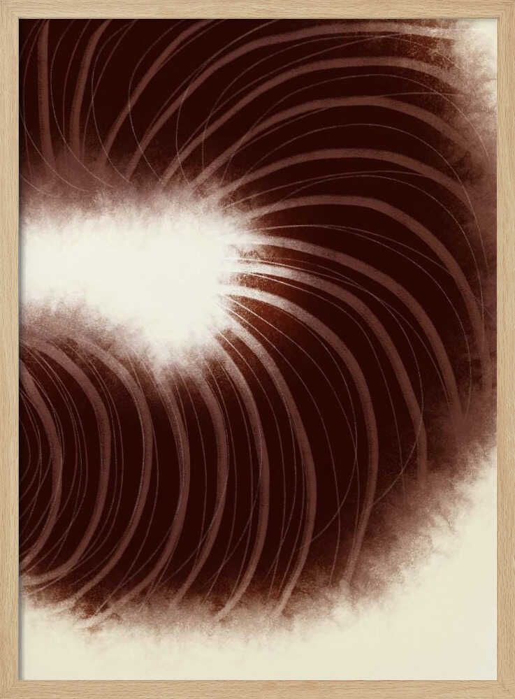 Abstract art with swirling dark brown lines radiating from a soft, bright white center.