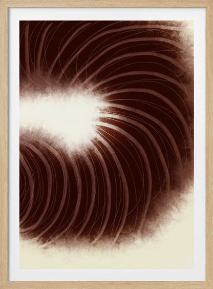 Abstract art with swirling dark brown lines radiating from a soft, bright white center.
