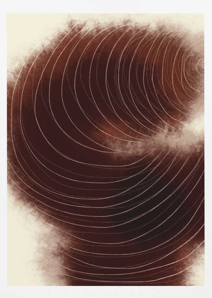 Abstract vortex of fine white lines swirling on a deep, textured brown background.