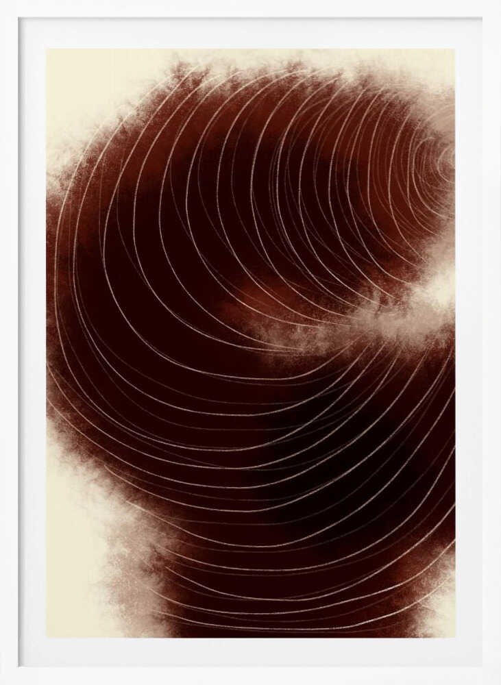 Abstract vortex of fine white lines swirling on a deep, textured brown background.