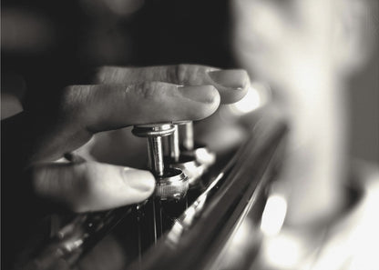 A dramatic, close-up, black and white photograph of a musician's fingers pressing down on the silver valves of a trumpet, with a soft, out-of-focus background. The image is enclosed in a brushed silver frame. Poster