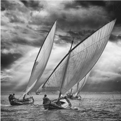 A dramatic black and white photograph of a fleet of traditional wooden sailboats with large, billowing sails racing on a choppy sea under a dark, stormy sky. The image is presented in a light wood frame. Print
