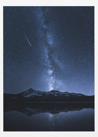 A breathtaking night photograph of the Milky Way galaxy stretching vertically across a deep blue, star-filled sky. Two shooting stars streak through the atmosphere above a dark, snow-dusted mountain range, which is perfectly reflected in the calm, mirror-like surface of a lake in the foreground. Artwork