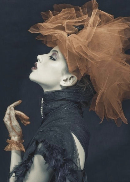 A dramatic profile portrait of a woman with pale skin against a black background, looking up. She wears an extravagant, voluminous orange tulle headpiece, a high-collared black feathered dress, and a matching orange glove. Poster