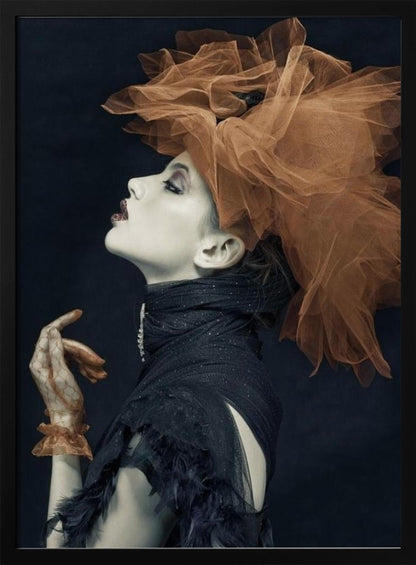 A dramatic profile portrait of a woman with pale skin against a black background, looking up. She wears an extravagant, voluminous orange tulle headpiece, a high-collared black feathered dress, and a matching orange glove. Poster